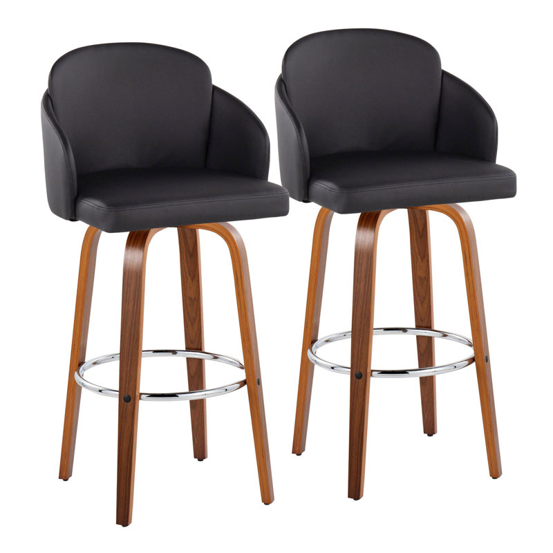 Tabouret de bar à hauteur fixe en bois de noyer et similicuir noir avec repose-pieds rond chromé - ensemble de 2, Gris