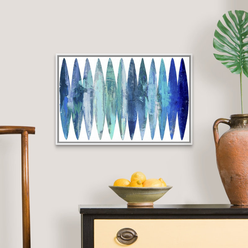 " Abstract Surfboards Blues " by David Moore Painting Print, Floater Framed Canvas, 18" H x 26" W, White