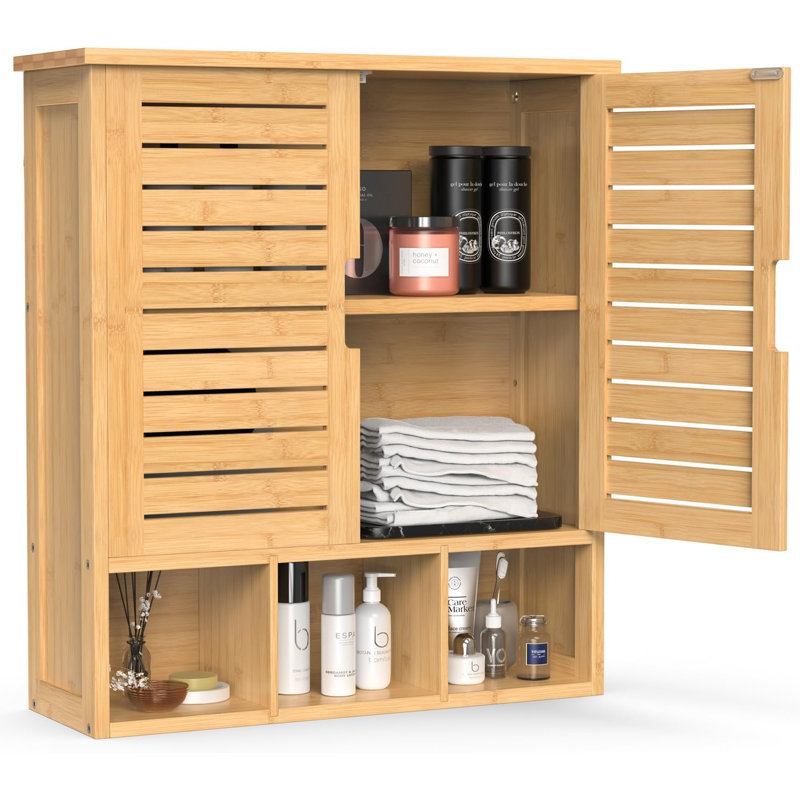 Armoire de salle de bain murale, armoire à pharmacie en bambou fixée au mur avec 2 portes et tablette réglable, armoire de rangement au-dessus de la toilette pour cuisine de salle de bain