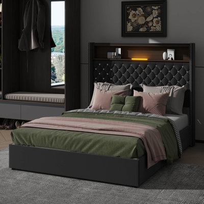 Structure de lit double capitonnée en velours pleine grandeur, avec USB et veilleuse, lit plateforme à oreilles avec rangement intégré pour la tête de lit