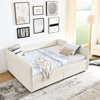 Daybed With Trundle, Storage Space Drawers, Queen Size, Upholstered Bed, Beige Boucle, Stripe Pattern, Comfortable Back And Arm Support, Quick Assembly Steps Ample Space, Work