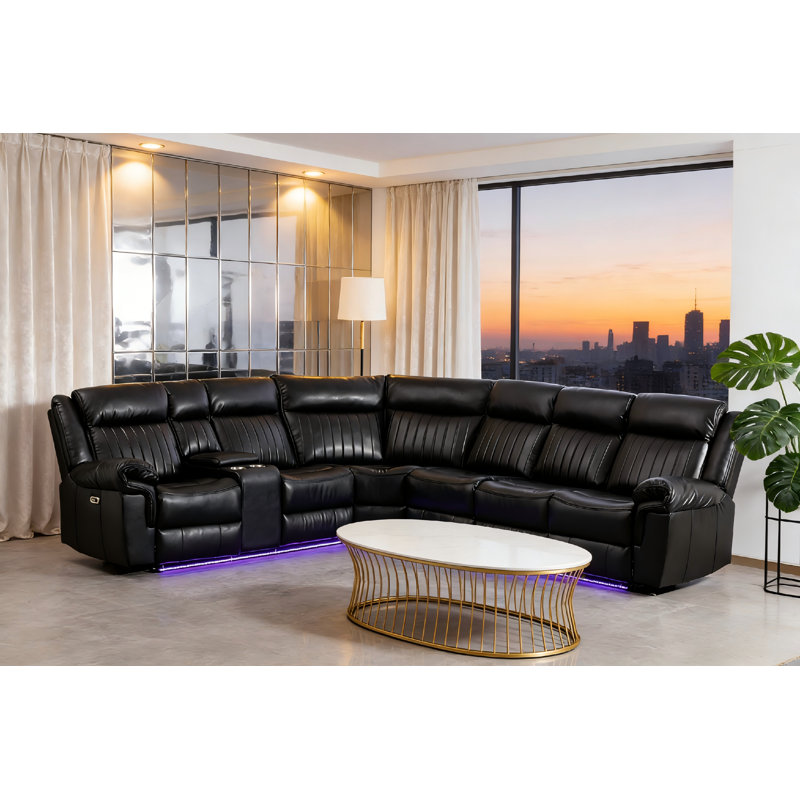 Canapé modulaire inclinable électrique avec lumières DEL en cuir noir, Similicuir noir