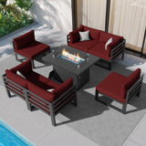 Gillet 7 Piece Patio Outdoor Aluminum Furniture Set with Gas/Propane Fire Pit Table, 29'' Extra Large Luxury Sectional Conversation Set