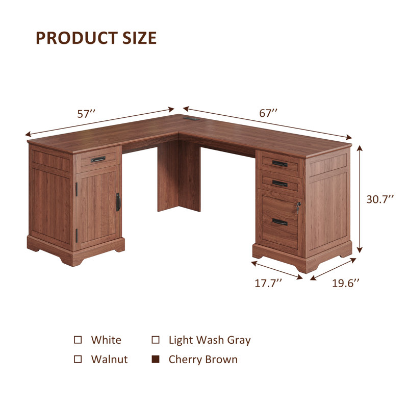 67'' Farmhouse L Shaped Desk with Drawers, Home office Corner Computer Desk with File Storage and Charging Station