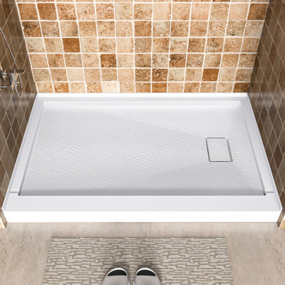 48" W x 32" D Solid Surface Single Threshold Shower Pan Base with Drain Cover Included, Textured Surface Slip-Resistant Shower Base Pan, White, Center Drain