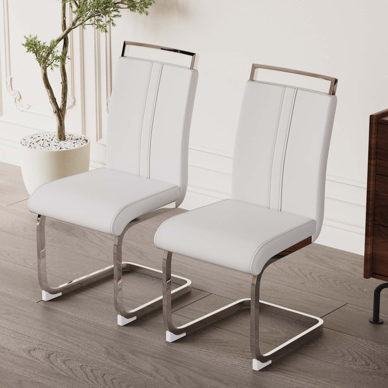 Chaises de salle à manger modernes, chaise d'appoint rembourrée en similicuir à haut dossier avec pieds en métal argenté, 2