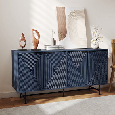 57" Solid ana Manufactured Wood 4-Door Sideboard Buffet With Storage, Modern Carved Design Accent Kitchen Storage Cabinet