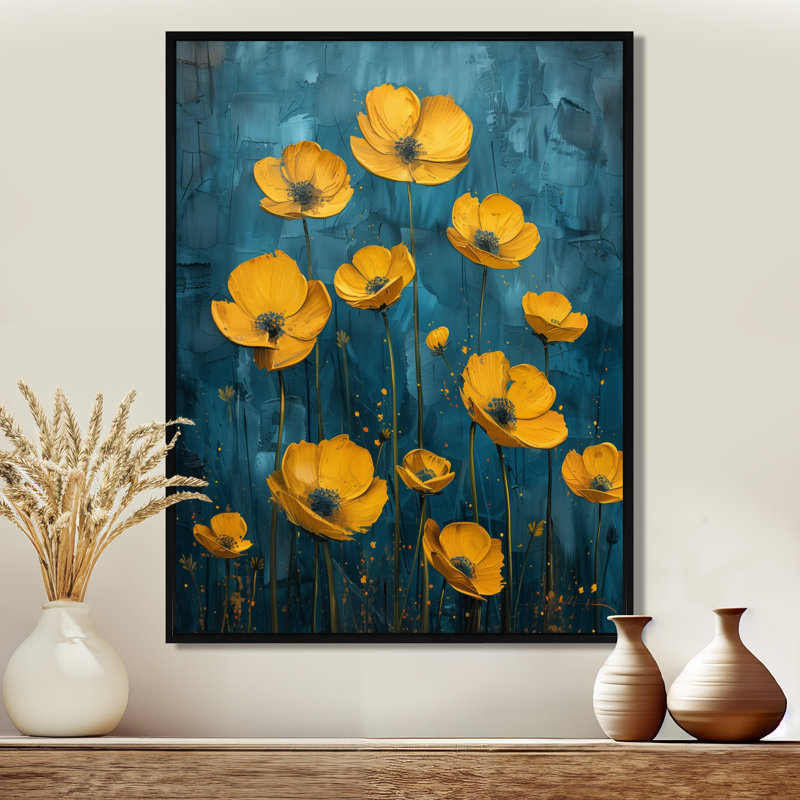 Reproduction d'art mural jaune et vert sur fond clair de lune - Buttercups, Toile avec cadre flottant noir