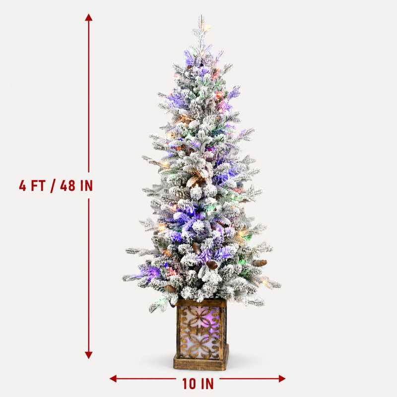 Sapin de Noël artificiel floqué préilluminé de 1,20 m avec 100 lumières DEL multicolores, White