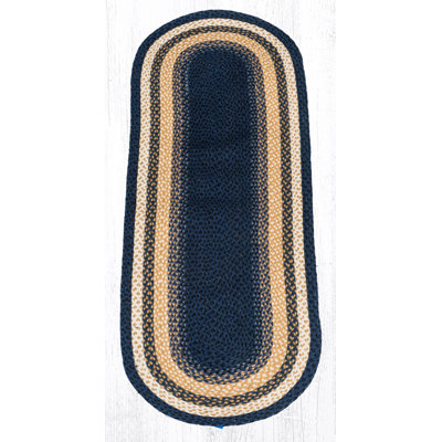  Tapis tressé ovale bleu clair, bleu foncé et moutarde - qualité artisanale