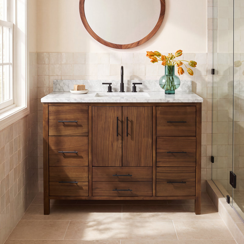 Kiara 48'' Single Bathroom Vanity with Top, Walnut , Carrara Marble