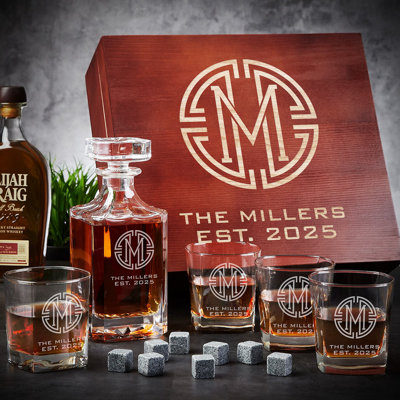 Prescott Custom Whiskey Decanter and Glass Set With Handcrafted Wood Box – 7pc Gift Set
