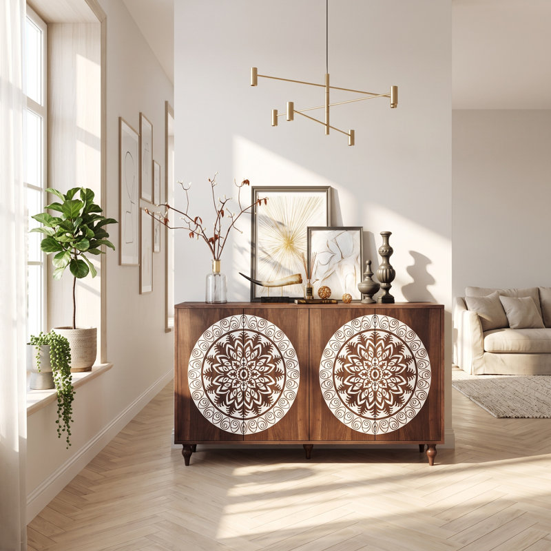 Buffet en chêne sculpté Bargamin Mandala avec portes à pousser, Noyer foncé
