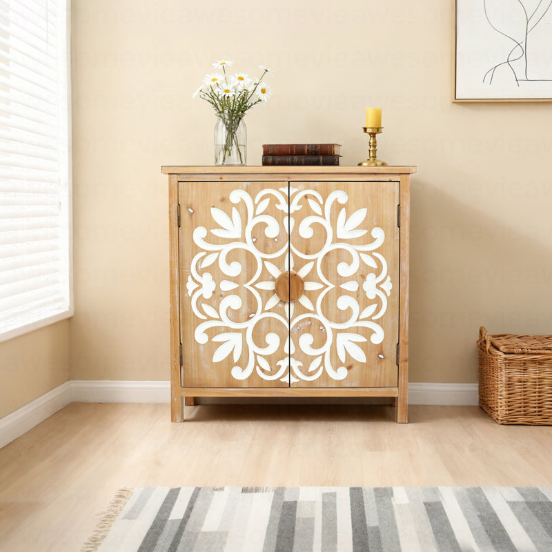Rustic 2-door Wooden Accent Cabinet With Hand-carved Floral Design For Living Room, Entryway, Or Dining Room