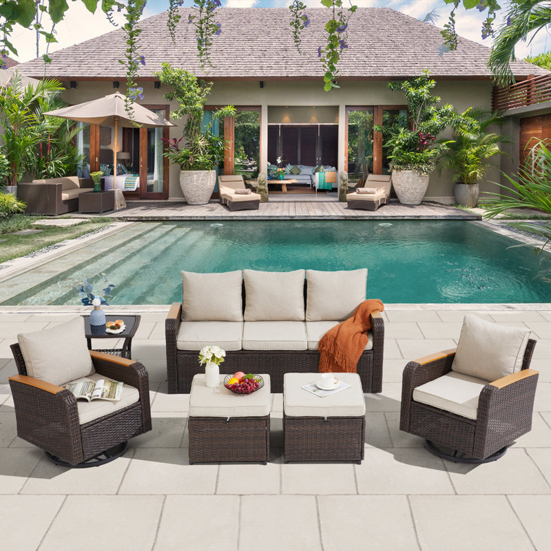 6 Pieces Wicker Patio Furniture Sets, Outdoor Conversation Set PE Rattan Sectional Sofa Couch With Swivel Chairs Ideal For Indoor Porch Deck Bistro Lawn Garden Backyard Poolside
