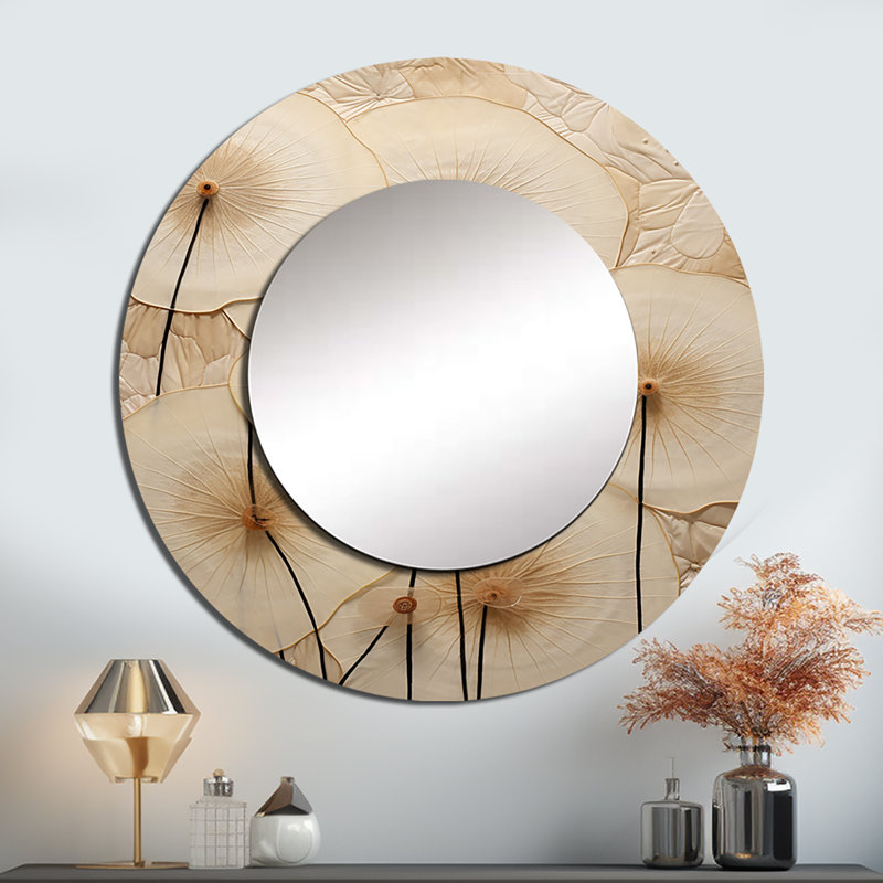 Luxueux beige Morning Glory Flower - miroir gloire du matin, miroir mural rond beige unique, reproduction d'art en métal