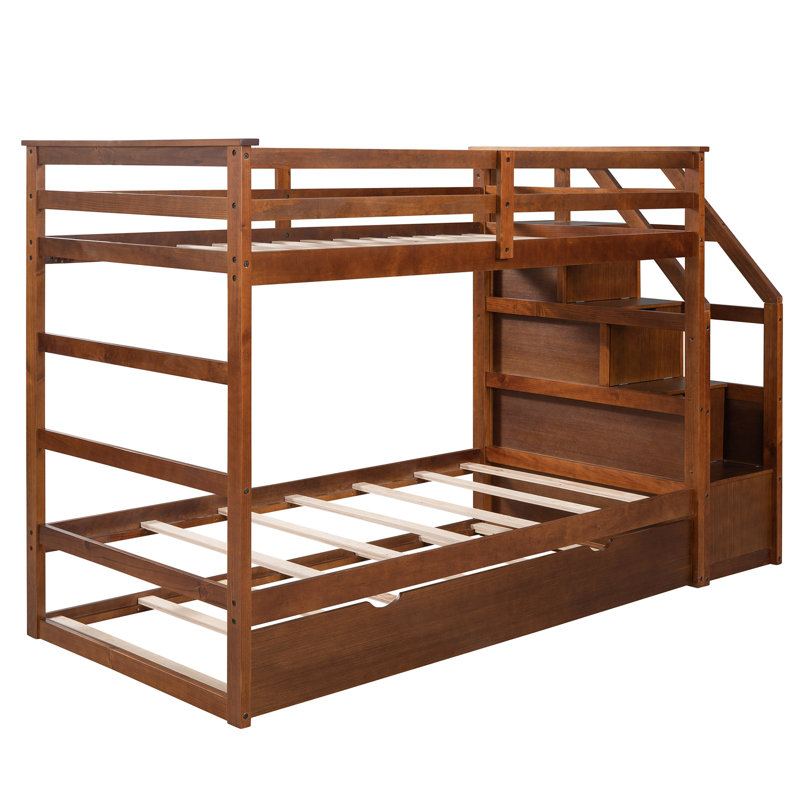 Lit simple superposé en noyer avec escalier de rangement fonctionnel Twintwin, Walnut