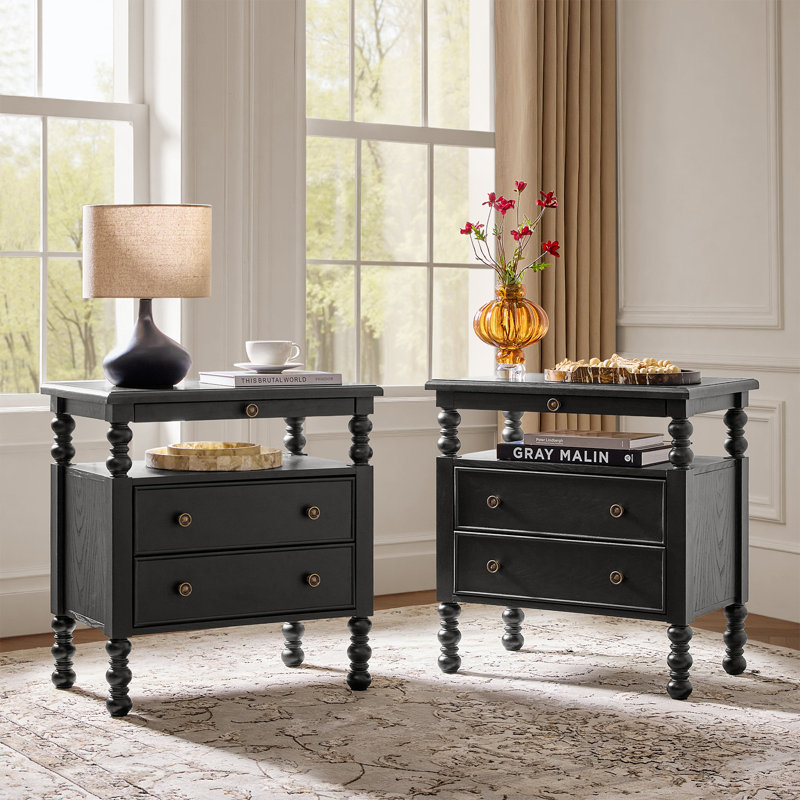 Aristidh Traditional 26"W 2-Drawer End Table with Charging Station and Pull-Out Shelf and Easy Assembly , Black