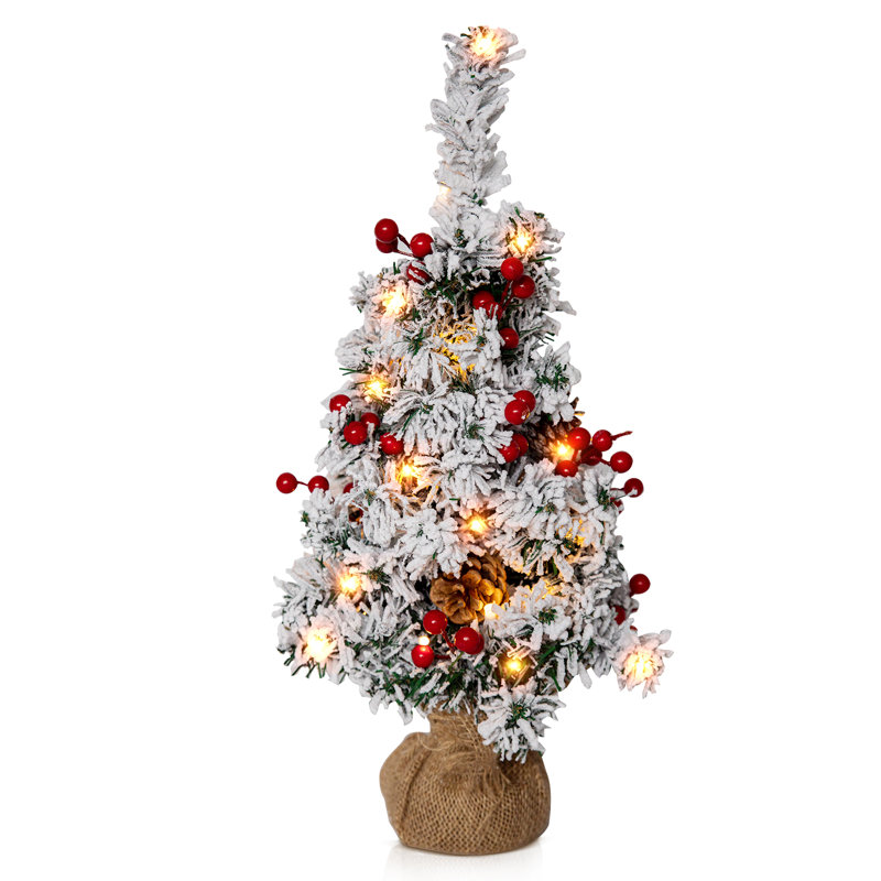 20" Pre-Lit Snow Flocked Artificial Xmas Table Tree With Decorative Burlap Base