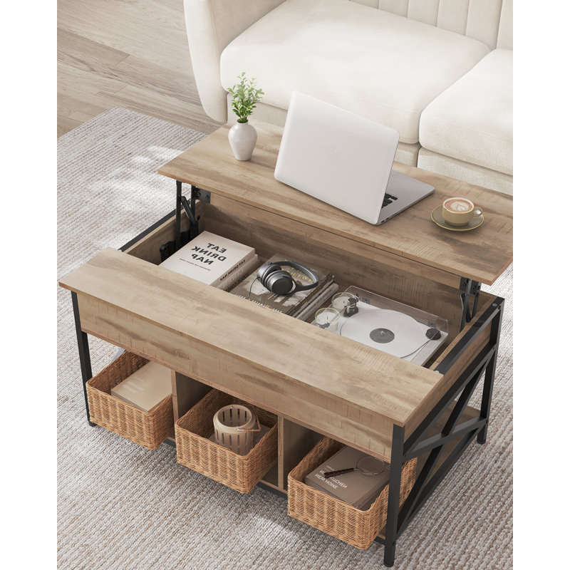 Anavilhanas Lift Top Coffee Table with Storage, Camel Brown, Black