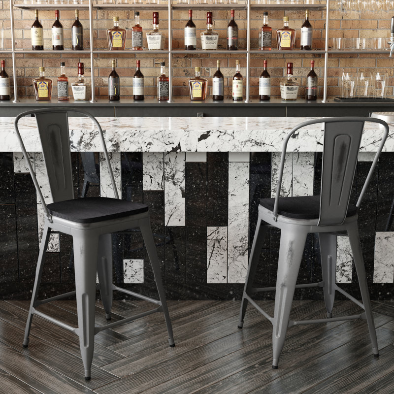 Tabouret d'intérieur à hauteur de comptoir avec siège coloré en résine de polyester, Gris / noir