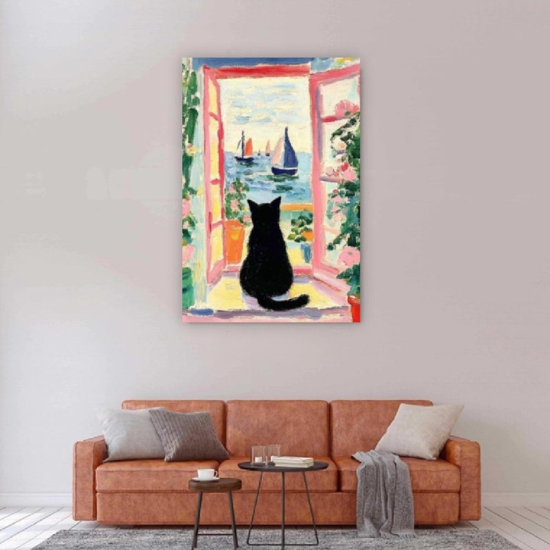 Drôle de chat noir avec motif de paysage de fenêtre, art mural sans cadre, 16 x 20