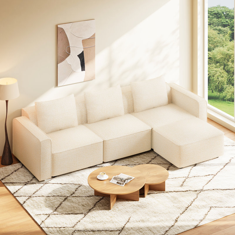 Canapé modulaire en forme de L de 103 po, siège modulaire en chenille à assise profonde et compression, Chenille beige
