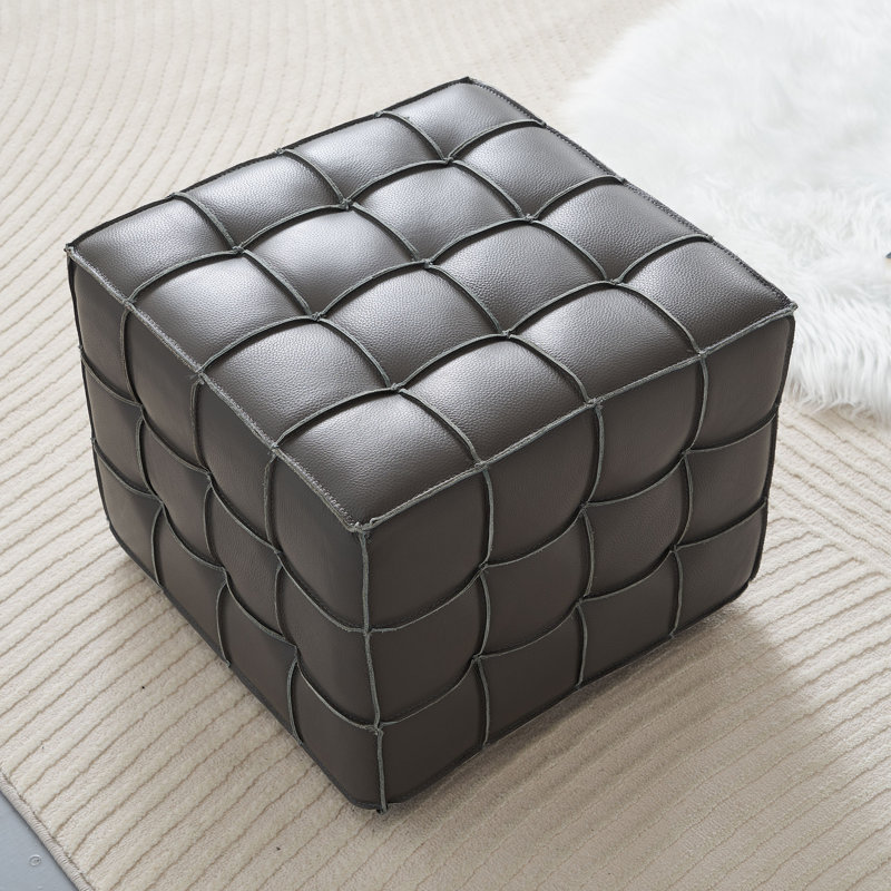 17.32 Wide Elegant Genuine Leather Tufted Ottoman Footstool - Modern Square Accent Stool for Living Room, Bedroom, & Kids Room