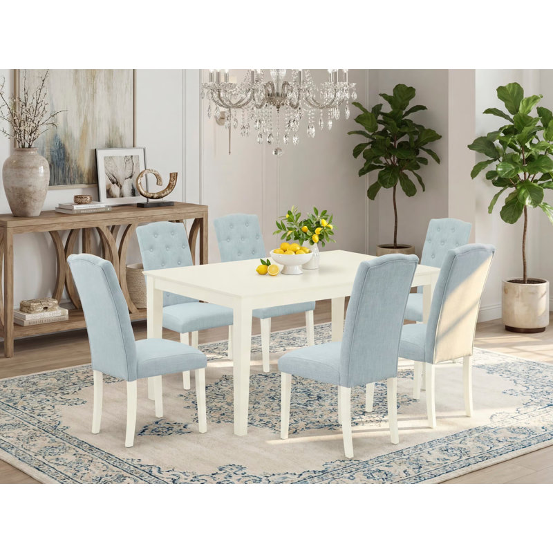 7 Piece Kitchen Table & Chairs Set Consist of a Rectangle Dining Room Table and 6 Baby Blue Linen Fabric Parsons Dining Room Chairs, Linen White