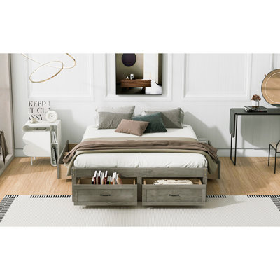 Grand lit plateforme avec 6 tiroirs de rangement, gris antique