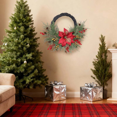 Couronne de Noël artificielle, couronne de décorations de porte de Noël de 19,6 pouces avec pomme de pin, boules de Noël, aiguilles de pin et baies pour fenêtres de porte d'entrée, décorations de Noël de nouvel an
