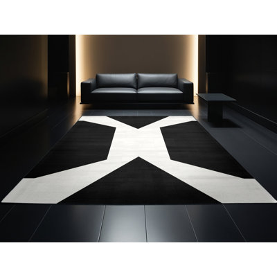 Tapis noir à motif géométrique lavable à la machine Manhasset
