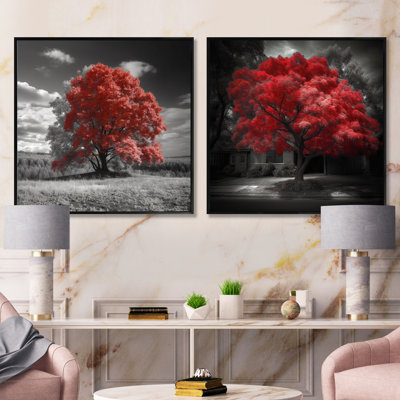 Red Tree Blossom Haven - Ensemble de 2 collages carrés à motif floral