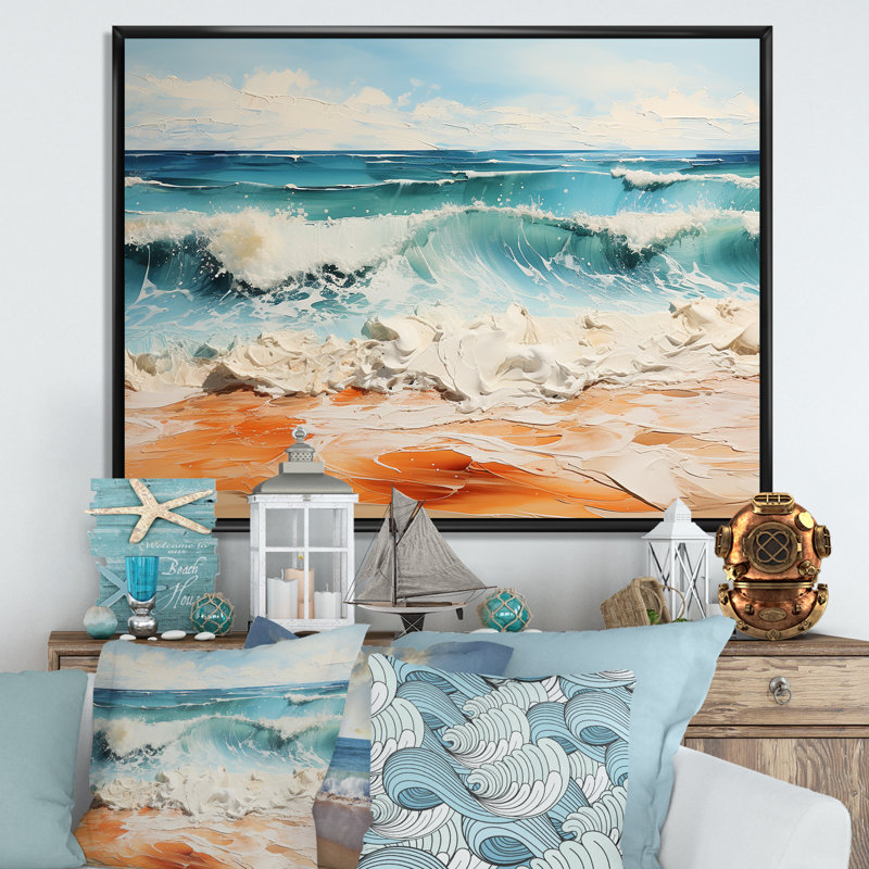 Teal Waves Fight III - Nautique et plage, art mural sur toile, H 12 po x l 20 po x P 1 po, Cadre flottant noir