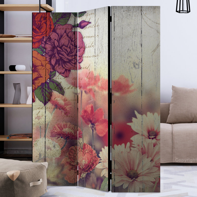 Janig 172cm H Solid Wood Folding Room Divider, 3, Purple/Pink/Salmon