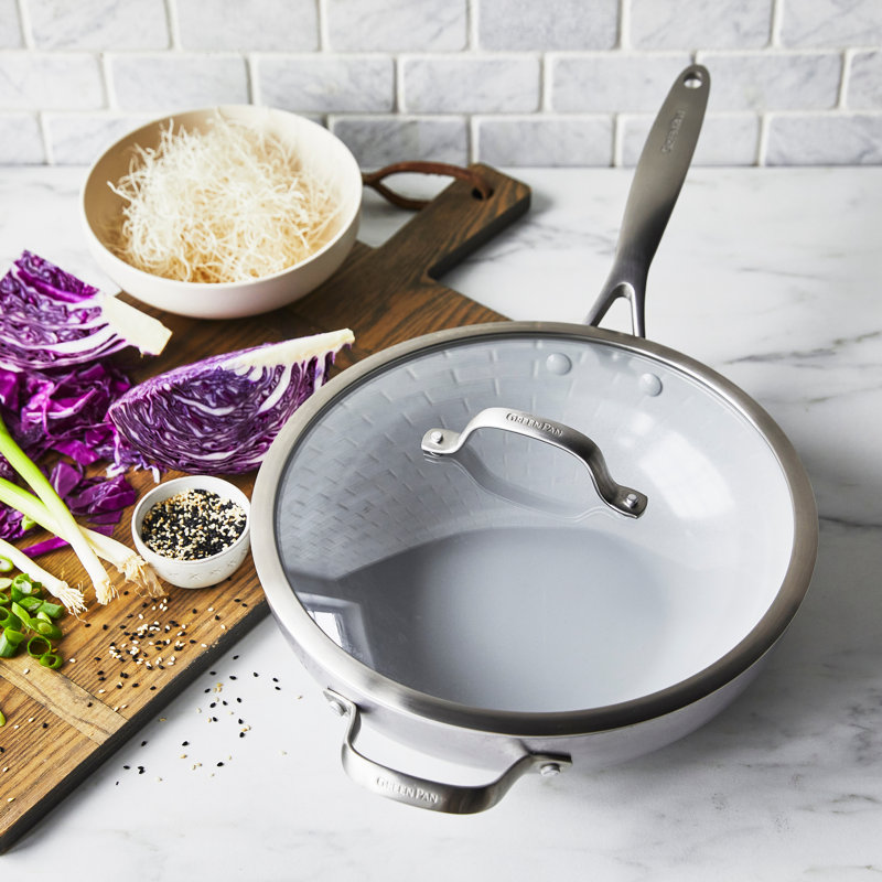 Poêle wok en céramique antiadhésive en acier inoxydable 12 po avec couvercle GreenPan Venice Pro