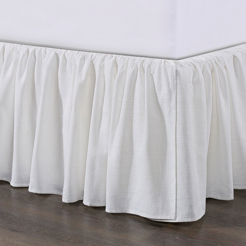 Lily Washed Linen Ruffled Romantic Farmhouse 18 inch Bed Skirt, White, Queen