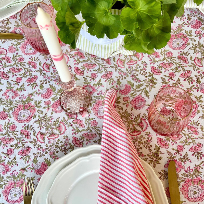 Beatrice Round Tablecloth - Pink And Green, 60" D x 120" L