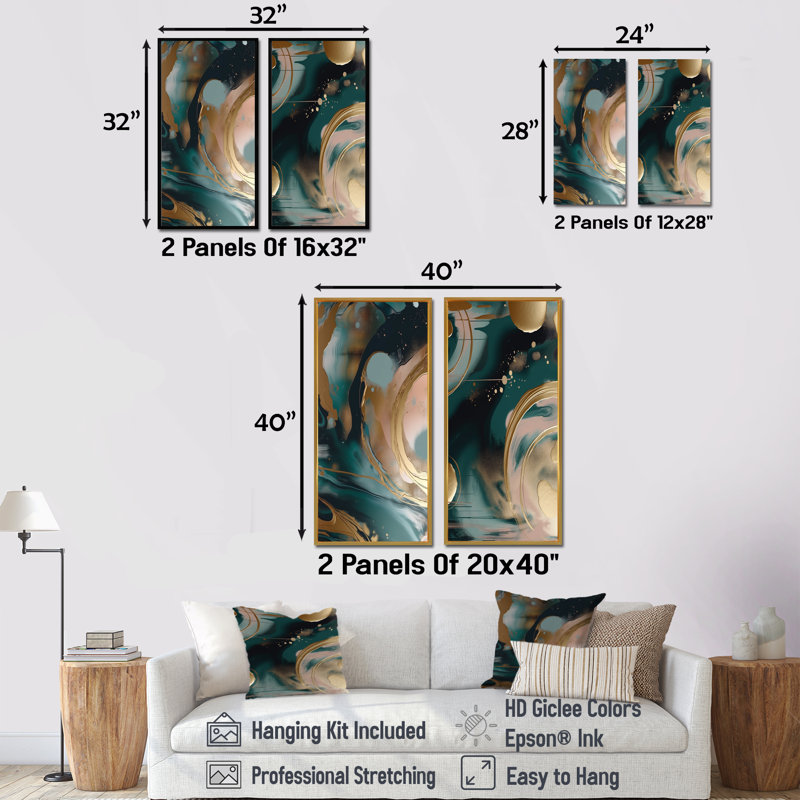 Or et vert abstrait marbre Harmony Swirls I - ensemble de salon abstrait art mural en marbre de 2, Toile tendue