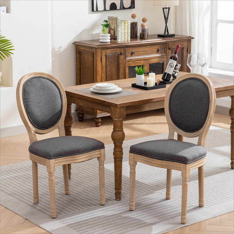 Chaise de salle à manger à dossier en tissu antique avec structure en bois massif, ensemble de 2, Gris foncé