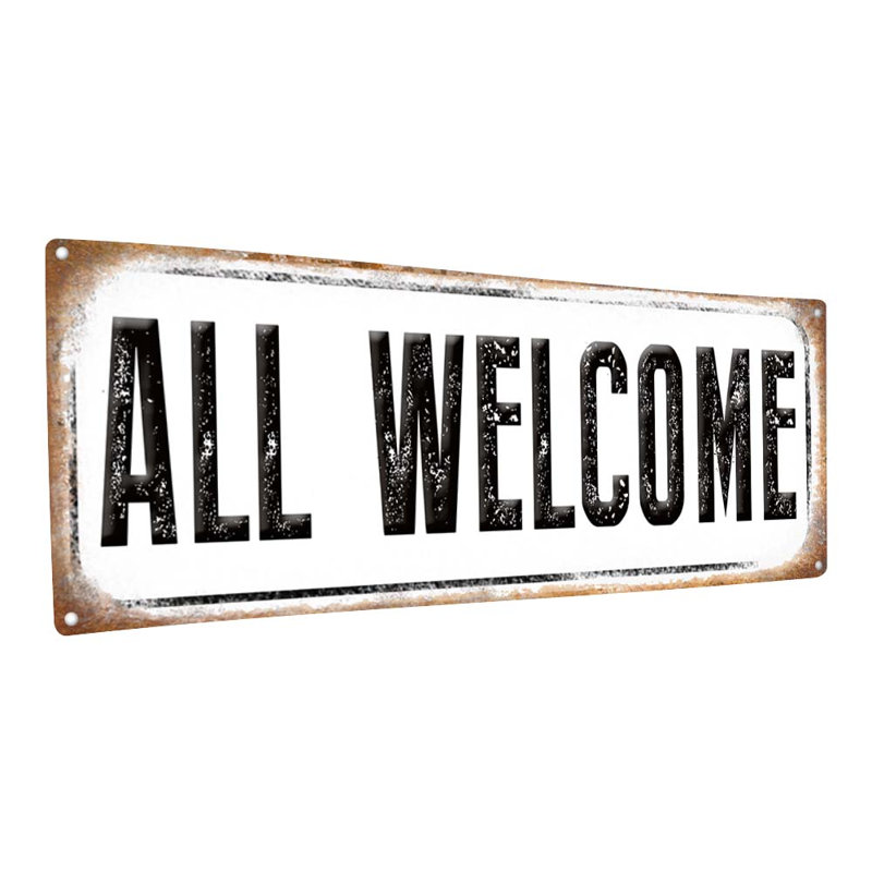«All Welcome Metal Sign» sur métal, H 4,25 po x l 11,5 po
