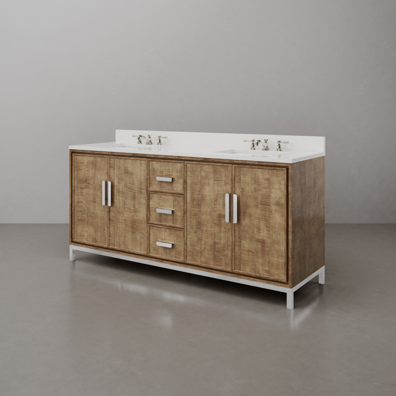 Brookhn 72 In. Double sink White Quartz top Bath Vanity in Lustrous Walnut with Classic Faucet