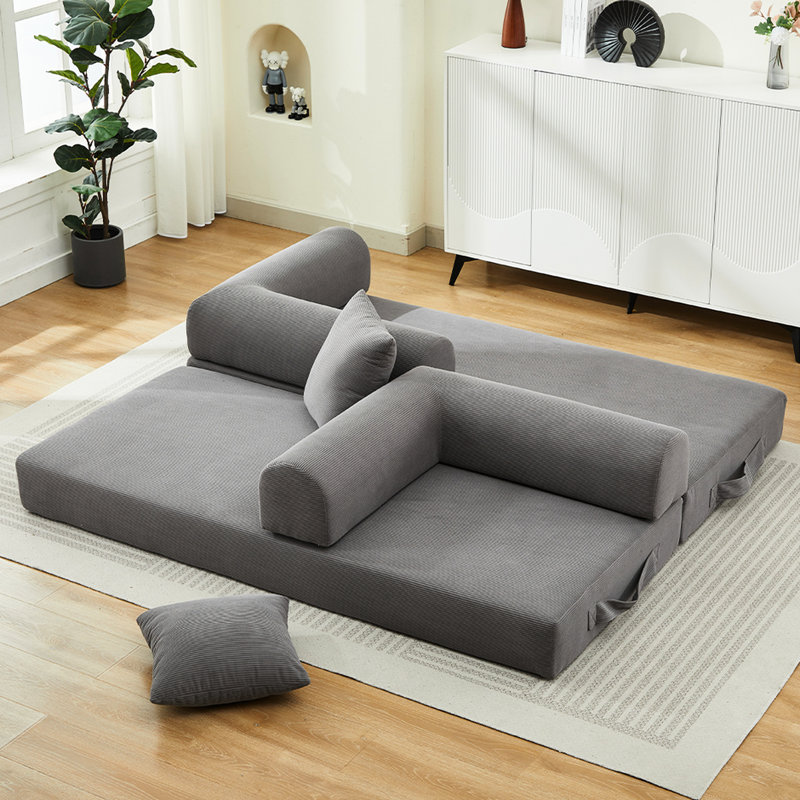 3 - Seater Folding Couch Bed, 78.5" Convertible Futon With Corduroy, 2 Pillows, Suitable For Living Room Grey Foam Spring Floor Mattress, Office