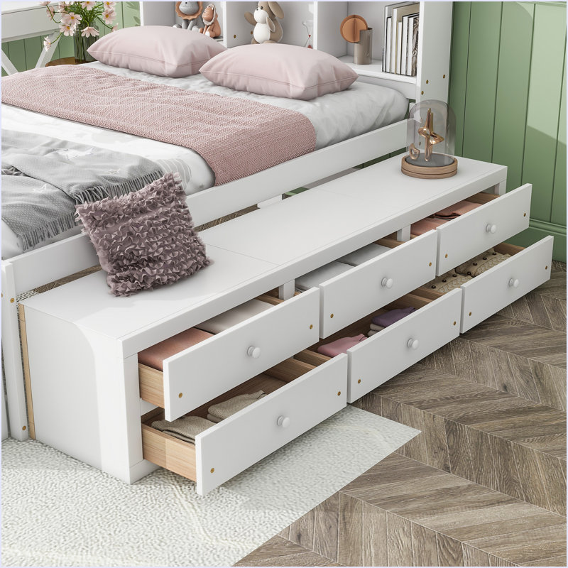 Lit double avec tête de lit bibliothèque, tiroirs de rangement sous le lit et étui de rangement, Blanc / Blanc