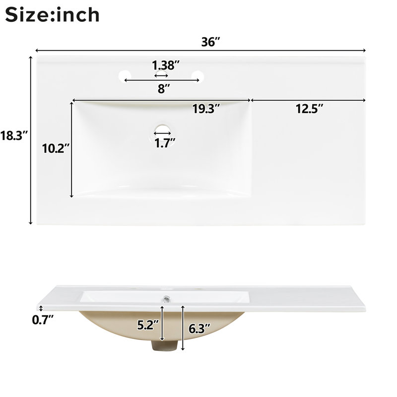 Meuble-lavabo de 36 po en bois avec fonction de fermeture en douceur, tablette réglable, poignées dorées et lavabo en céramique facile à nettoyer pour les salles de bain modernes