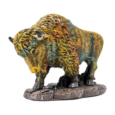 Resin Rustic Western Small Bison Standing Figurine Colorful American Bison Décor for Shelf Tabletop or Desk