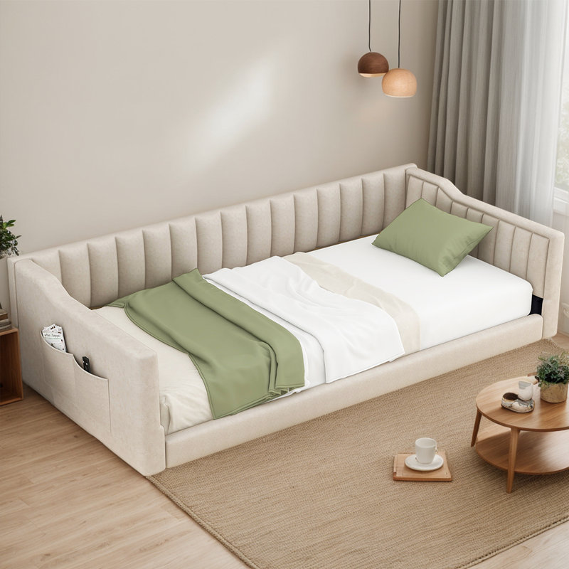 Compact Daybed Sofa With Storage |Upholstered Velvet Design For Living Rooms & Guest Rooms, Beige, Extra-long Twin