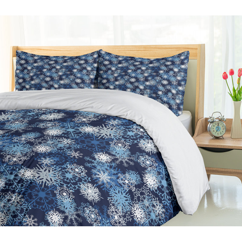 King Size Blue and White Snowflake Microfiber Duvet Set