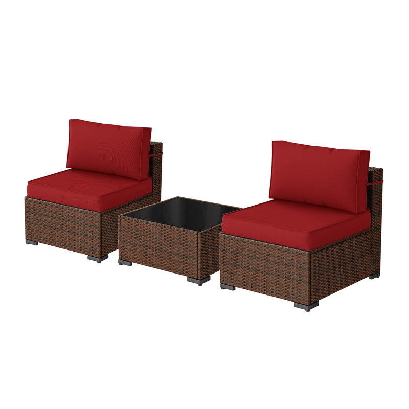 Naveena 2-Person 3-Piece Wicker Seating Group with Glass Top Table, Dark Red