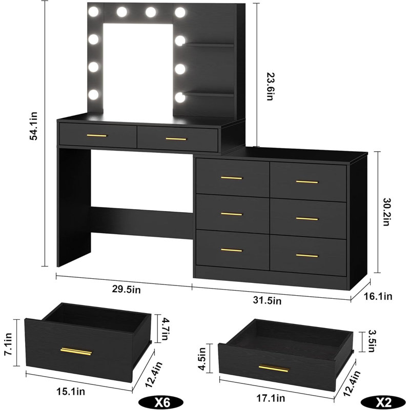 61" Make Up Vanity Desk With Mirror And Lights, 3 Lighting Modes Vanity Organizer With Adjustable Brightness, Black